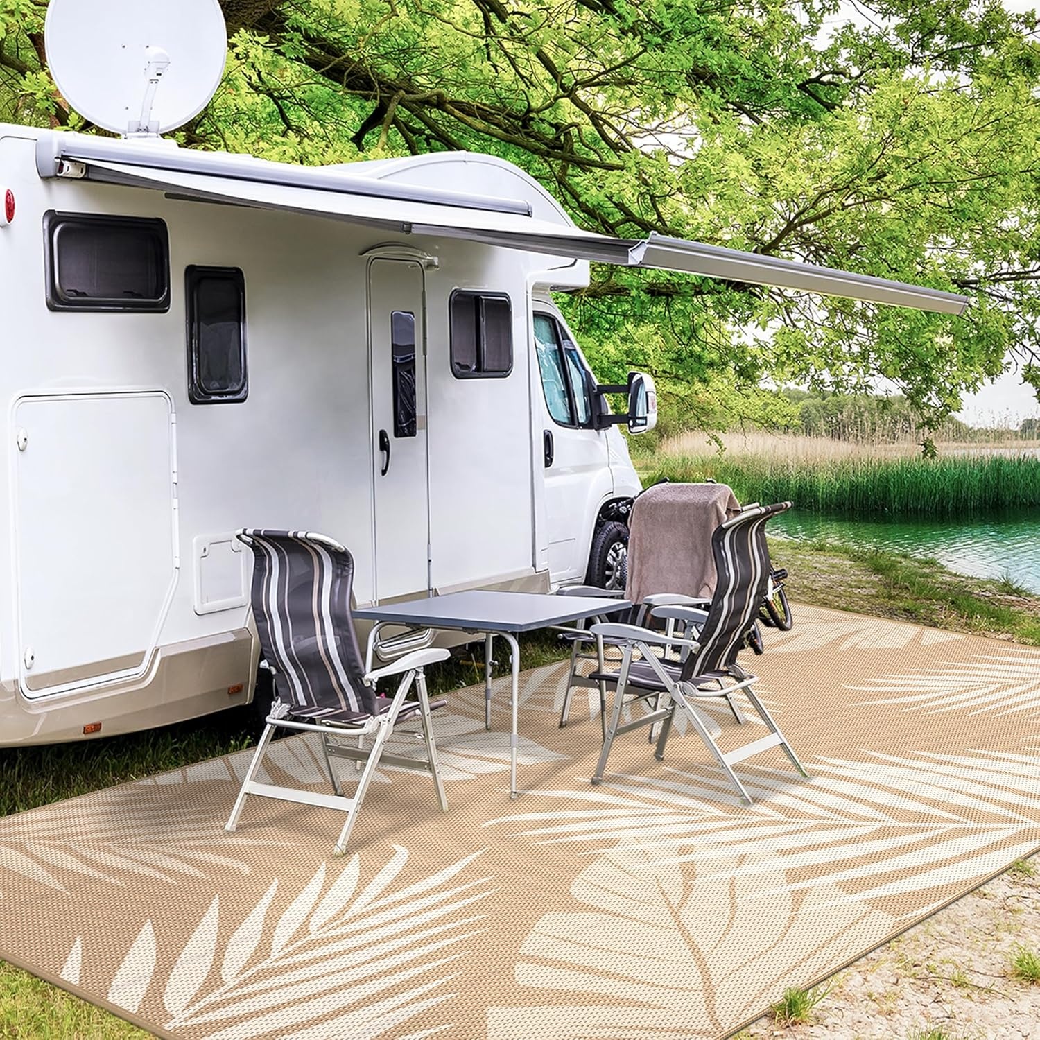 image:imageGENIMO Waterproof Outdoor Rug 5 x 8 for Patio Decor Reversible Plastic Straw Area Rugs for Camping Clearance RV Mat Large Outside Carpet for Porch Deck Picni Balcony Garden Black amp BrownBrown Beige