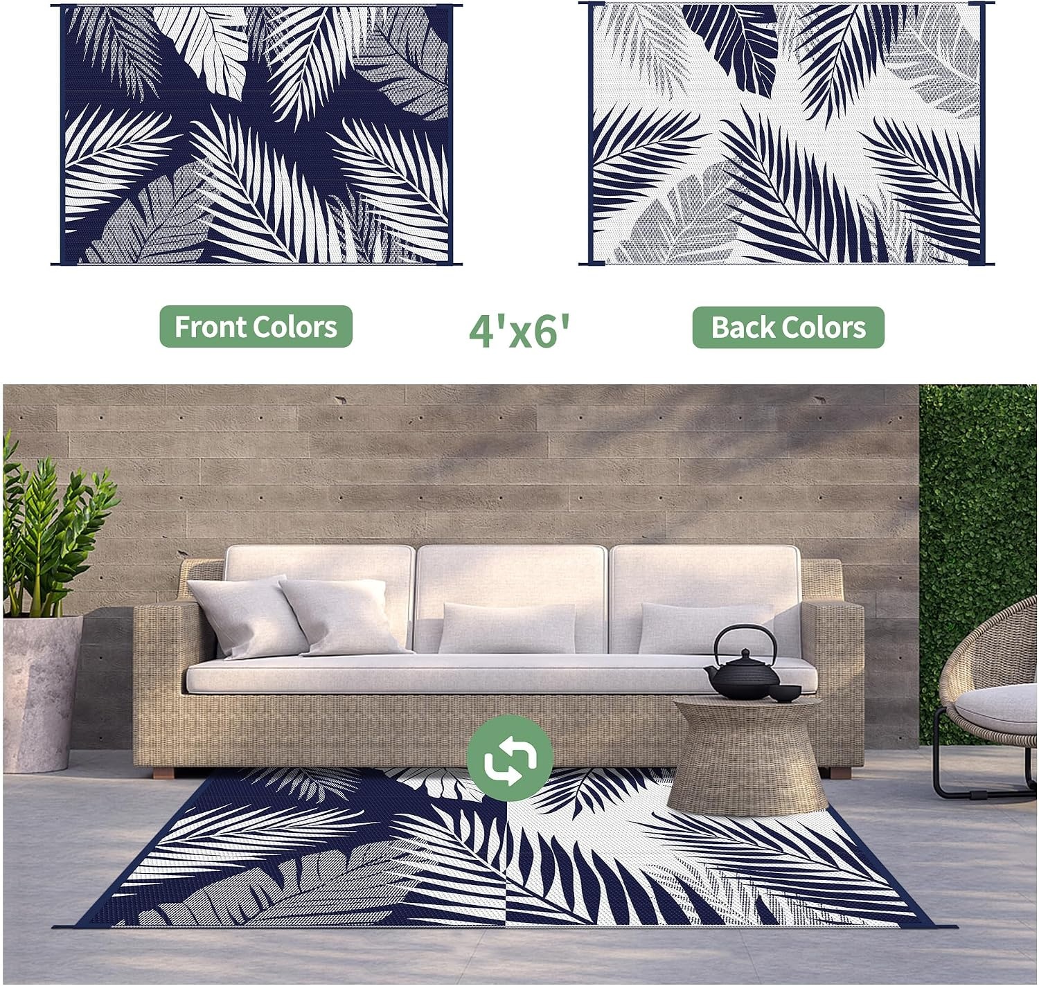 image:imageGENIMO Waterproof Outdoor Rug 5 x 8 for Patio Decor Reversible Plastic Straw Area Rugs for Camping Clearance RV Mat Large Outside Carpet for Porch Deck Picni Balcony Garden Black amp BrownNavyblue White