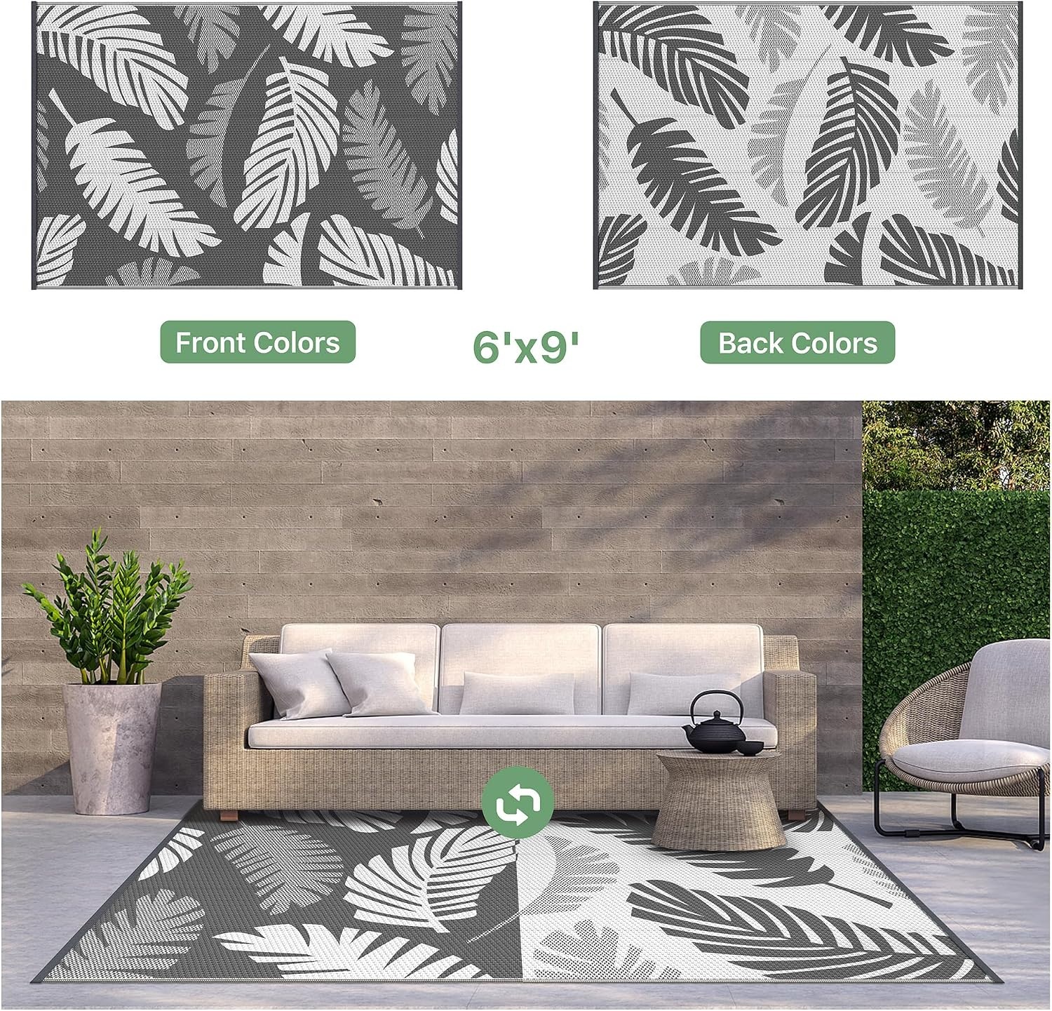 image:imageGENIMO Waterproof Outdoor Rug 5 x 8 for Patio Decor Reversible Plastic Straw Area Rugs for Camping Clearance RV Mat Large Outside Carpet for Porch Deck Picni Balcony Garden Black amp BrownLight Grey Light White