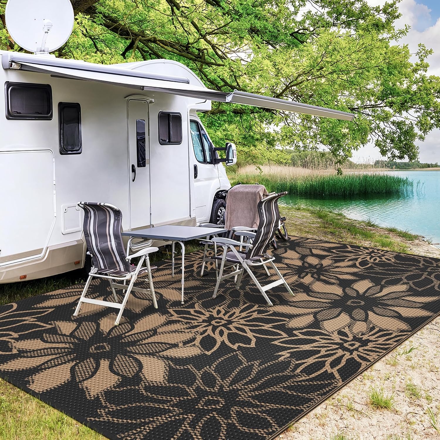 image:imageGENIMO Waterproof Outdoor Rug 5 x 8 for Patio Decor Reversible Plastic Straw Area Rugs for Camping Clearance RV Mat Large Outside Carpet for Porch Deck Picni Balcony Garden Black amp BrownNatural Black Brown
