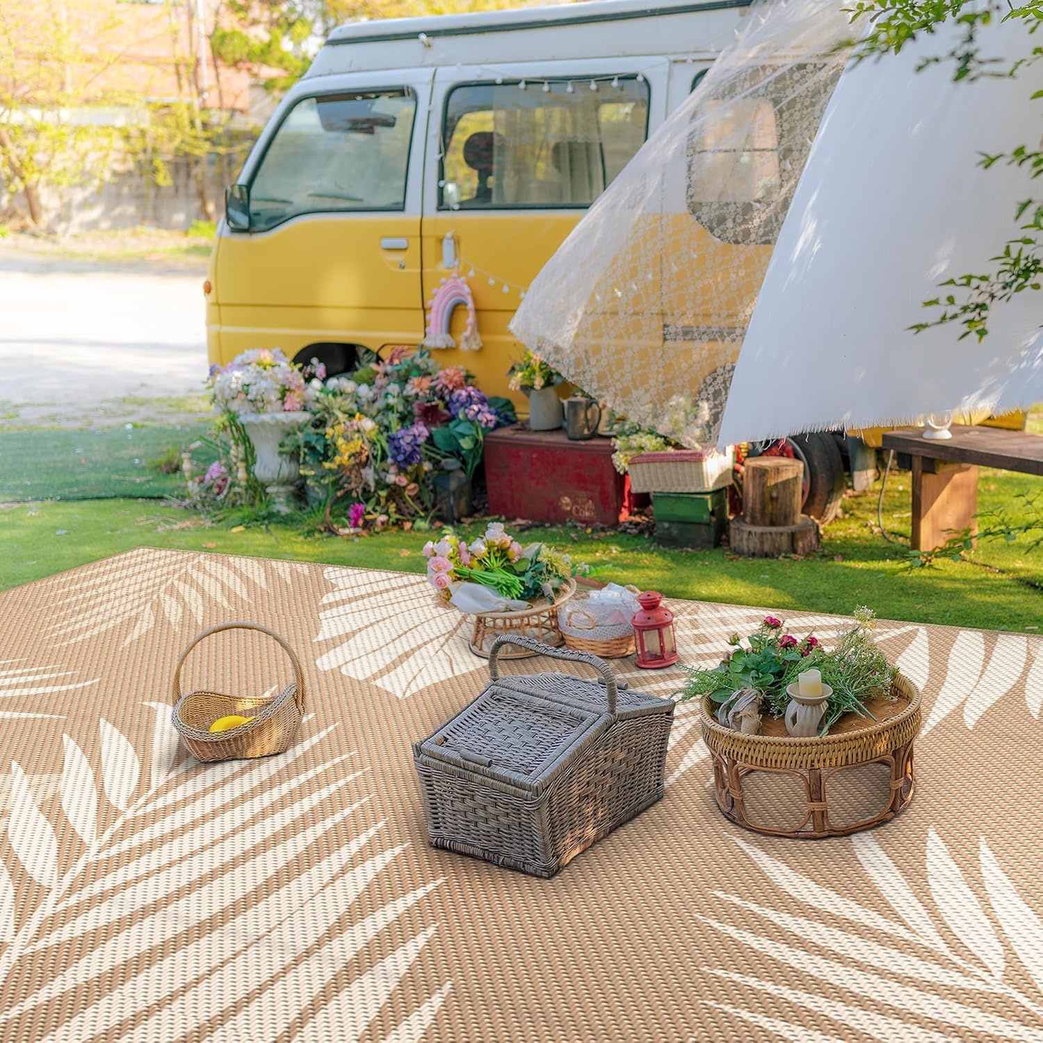 image:imageGENIMO Waterproof Outdoor Rug 5 x 8 for Patio Decor Reversible Plastic Straw Area Rugs for Camping Clearance RV Mat Large Outside Carpet for Porch Deck Picni Balcony Garden Black amp BrownBrown Beige