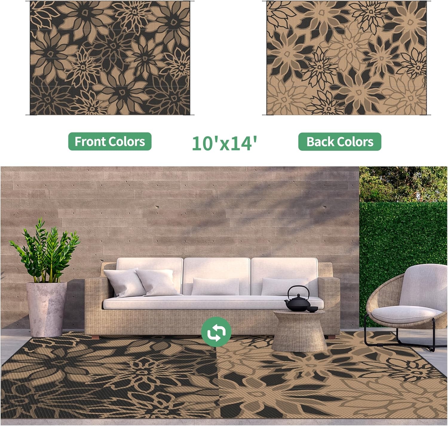 image:imageGENIMO Waterproof Outdoor Rug 5 x 8 for Patio Decor Reversible Plastic Straw Area Rugs for Camping Clearance RV Mat Large Outside Carpet for Porch Deck Picni Balcony Garden Black amp BrownNatural Black Brown