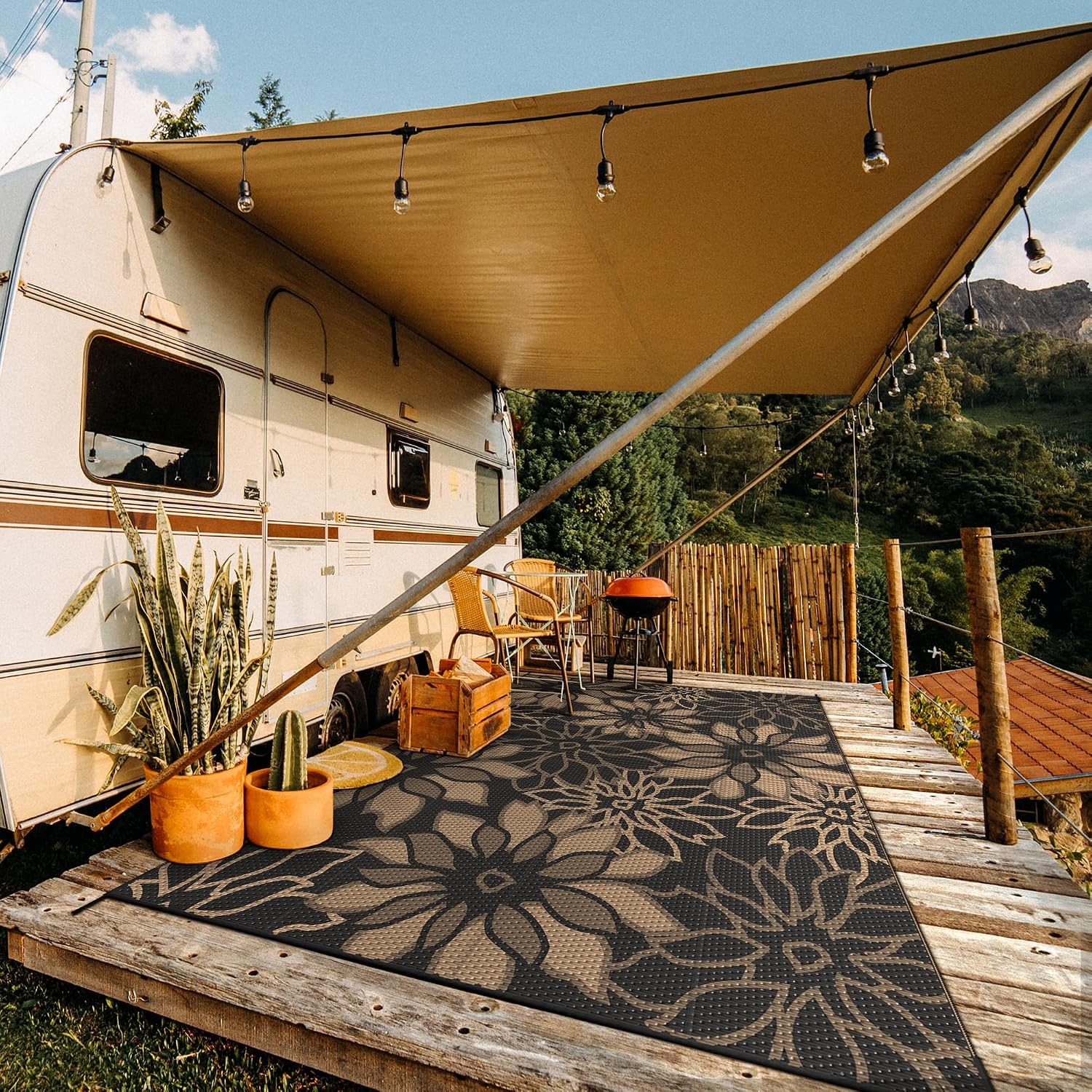 image:imageGENIMO Waterproof Outdoor Rug 5 x 8 for Patio Decor Reversible Plastic Straw Area Rugs for Camping Clearance RV Mat Large Outside Carpet for Porch Deck Picni Balcony Garden Black amp BrownNatural Black Brown