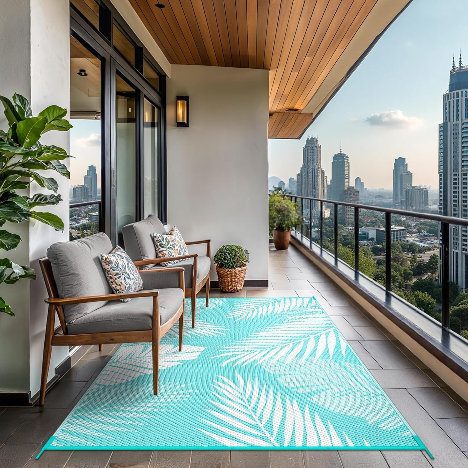 image:imageGENIMO Waterproof Outdoor Rug 5 x 8 for Patio Decor Reversible Plastic Straw Area Rugs for Camping Clearance RV Mat Large Outside Carpet for Porch Deck Picni Balcony Garden Black amp BrownAquablue White