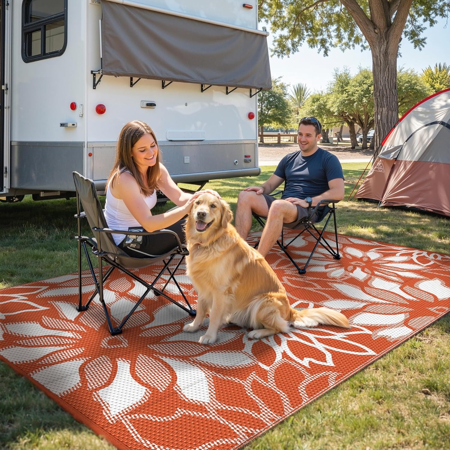 image:imageGENIMO Waterproof Outdoor Rug 5 x 8 for Patio Decor Reversible Plastic Straw Area Rugs for Camping Clearance RV Mat Large Outside Carpet for Porch Deck Picni Balcony Garden Black amp BrownCorange White