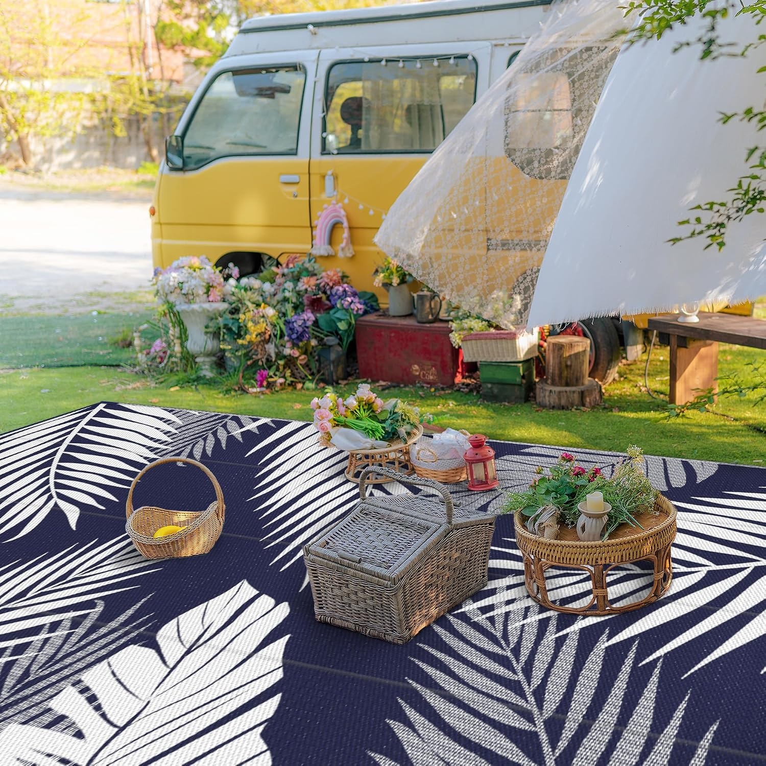 image:imageGENIMO Waterproof Outdoor Rug 5 x 8 for Patio Decor Reversible Plastic Straw Area Rugs for Camping Clearance RV Mat Large Outside Carpet for Porch Deck Picni Balcony Garden Black amp BrownNavy Blue White