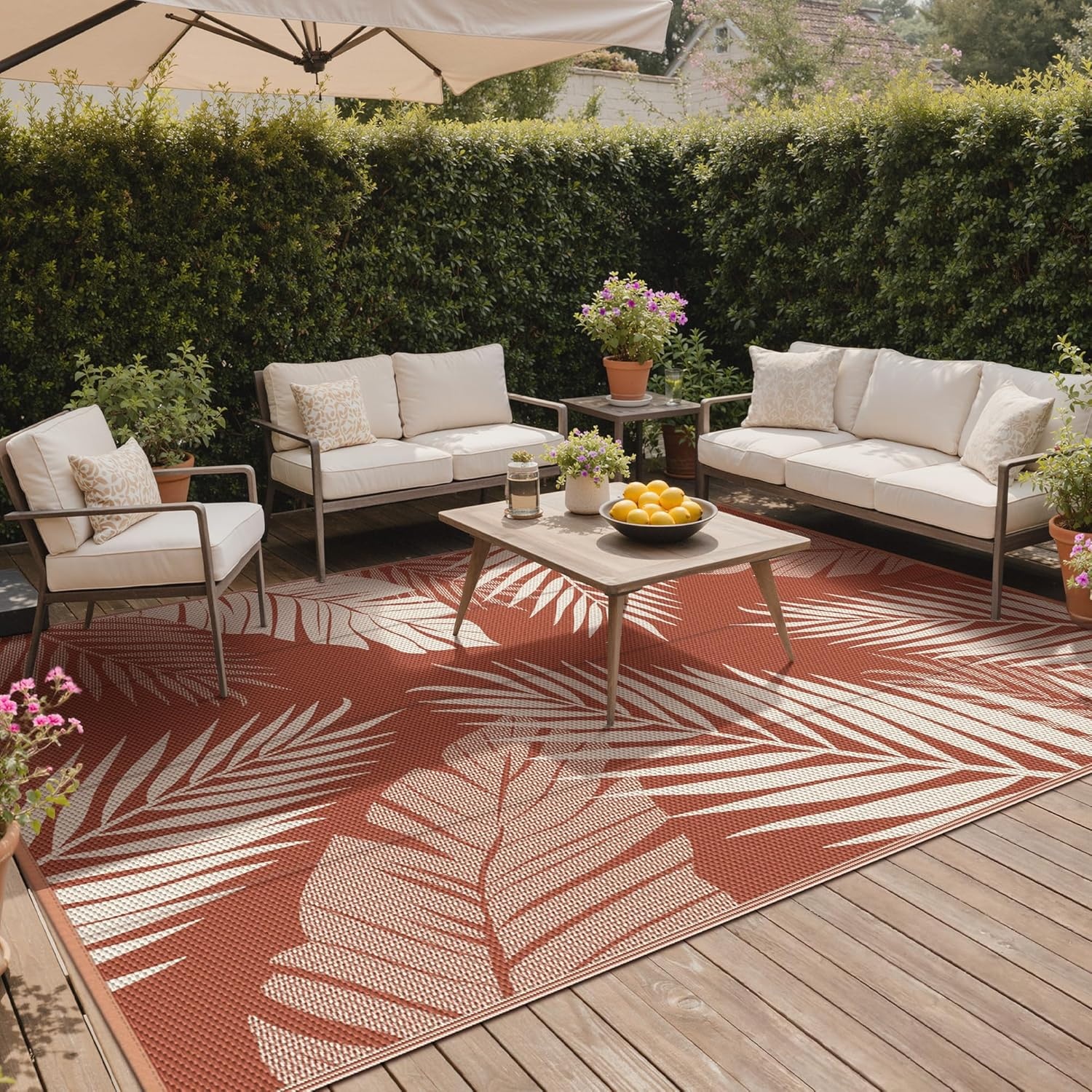 image:imageGENIMO Waterproof Outdoor Rug 5 x 8 for Patio Decor Reversible Plastic Straw Area Rugs for Camping Clearance RV Mat Large Outside Carpet for Porch Deck Picni Balcony Garden Black amp BrownBrick Red