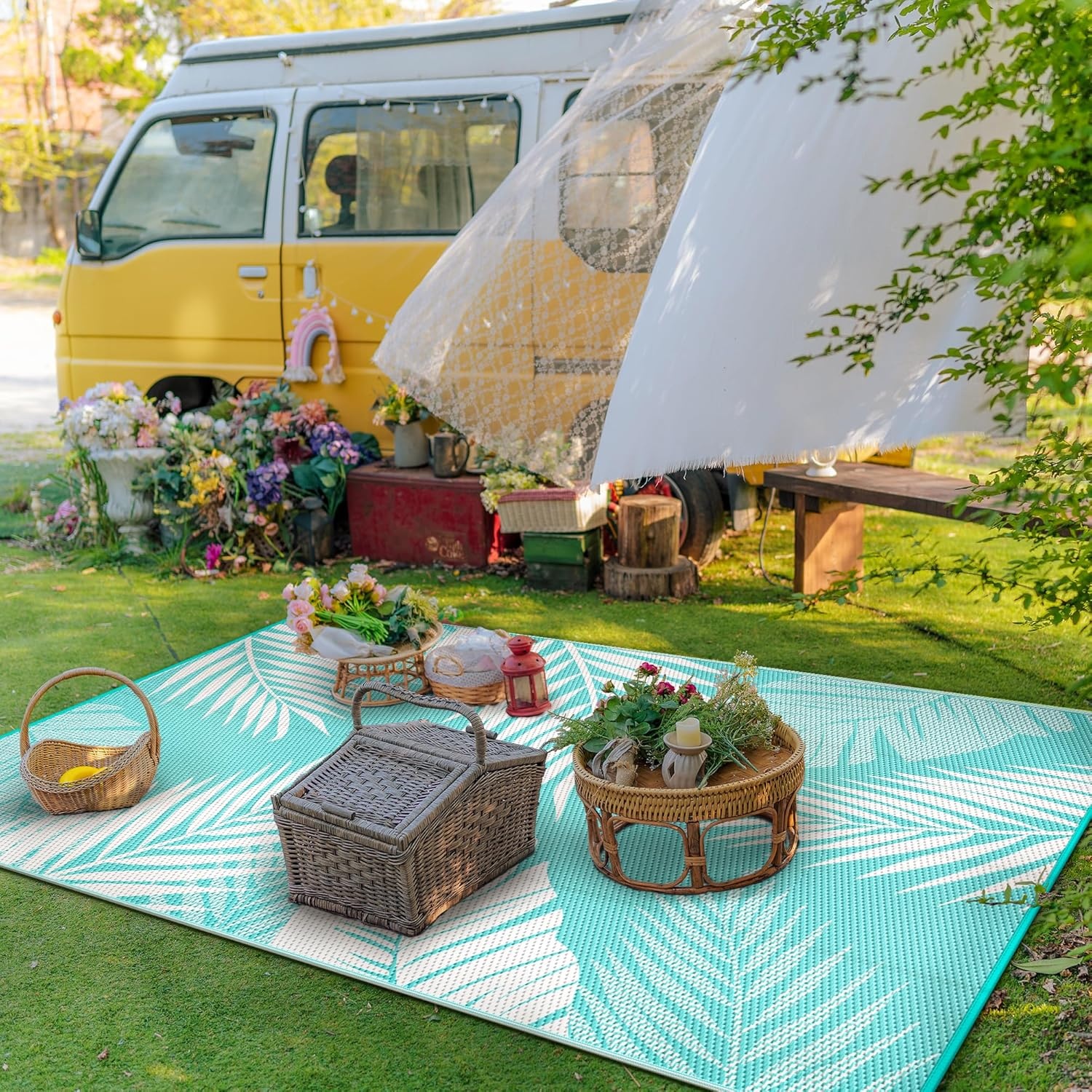image:imageGENIMO Waterproof Outdoor Rug 5 x 8 for Patio Decor Reversible Plastic Straw Area Rugs for Camping Clearance RV Mat Large Outside Carpet for Porch Deck Picni Balcony Garden Black amp BrownAquablue White