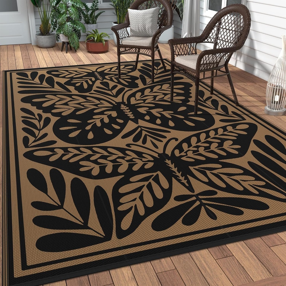 image:imageGENIMO Waterproof Outdoor Rug 5 x 8 for Patio Decor Reversible Plastic Straw Area Rugs for Camping Clearance RV Mat Large Outside Carpet for Porch Deck Picni Balcony Garden Black amp BrownJet Black  Brown