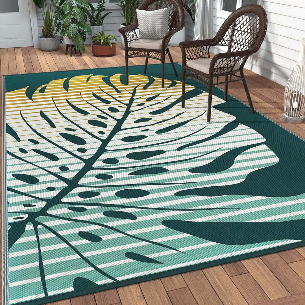image:imageGENIMO Waterproof Outdoor Rug 5 x 8 for Patio Decor Reversible Plastic Straw Area Rugs for Camping Clearance RV Mat Large Outside Carpet for Porch Deck Picni Balcony Garden Black amp BrownYellow Green