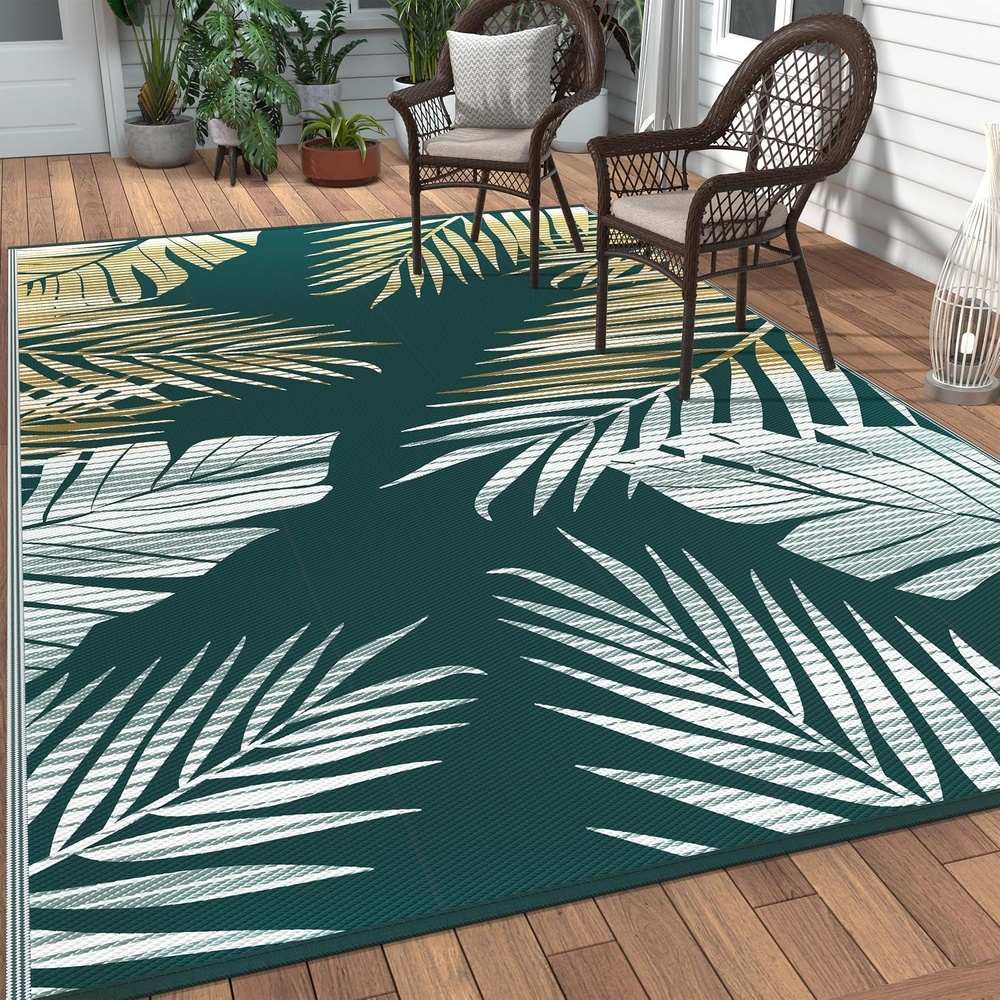 image:imageGENIMO Waterproof Outdoor Rug 5 x 8 for Patio Decor Reversible Plastic Straw Area Rugs for Camping Clearance RV Mat Large Outside Carpet for Porch Deck Picni Balcony Garden Black amp BrownYellow Green Waterproof