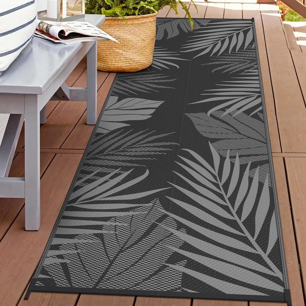 image:imageGENIMO Waterproof Outdoor Rug 5 x 8 for Patio Decor Reversible Plastic Straw Area Rugs for Camping Clearance RV Mat Large Outside Carpet for Porch Deck Picni Balcony Garden Black amp BrownBlack  Grey