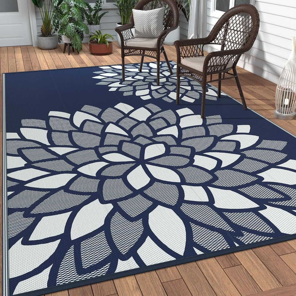 image:imageGENIMO Waterproof Outdoor Rug 5 x 8 for Patio Decor Reversible Plastic Straw Area Rugs for Camping Clearance RV Mat Large Outside Carpet for Porch Deck Picni Balcony Garden Black amp BrownDusty Blue  White