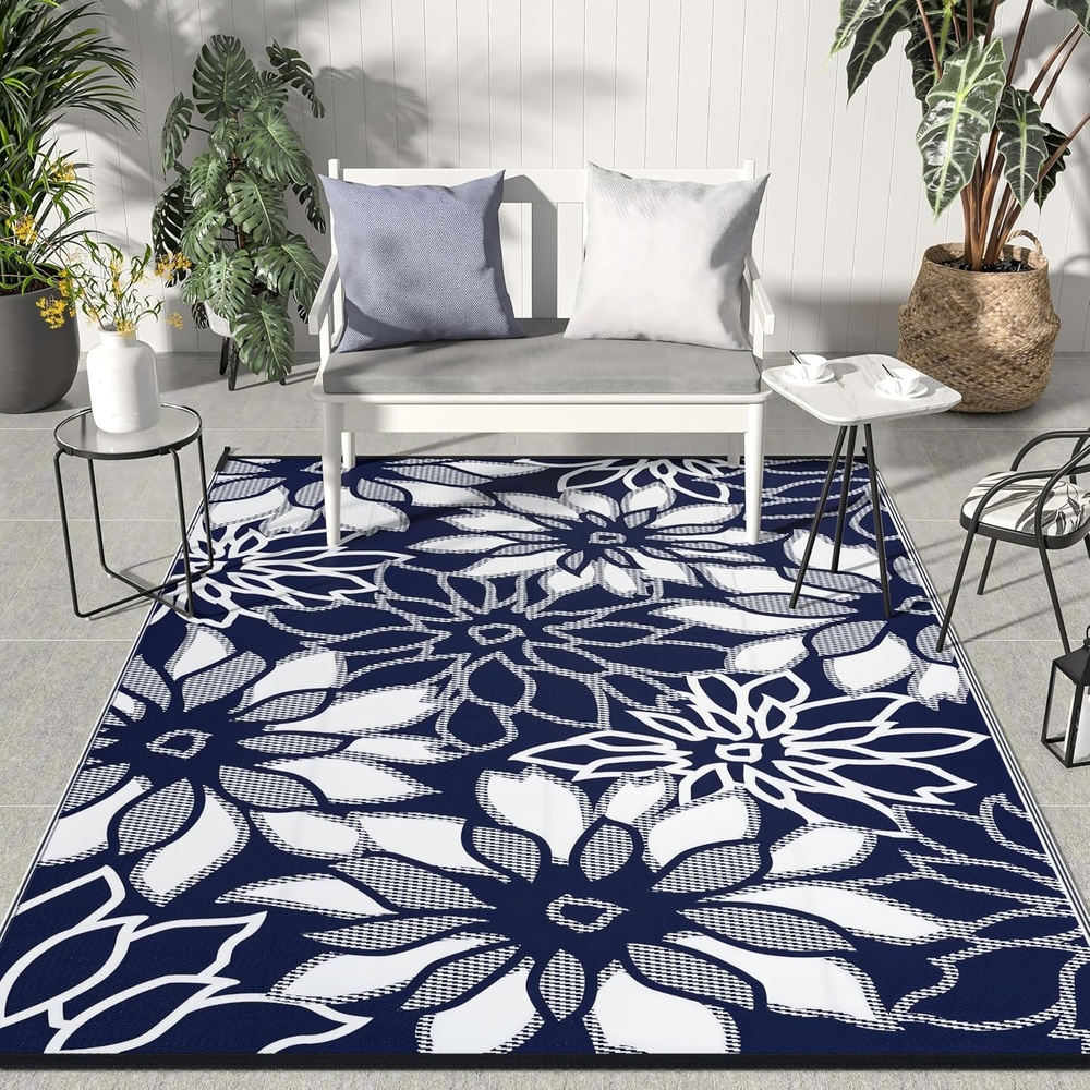 image:imageGENIMO Waterproof Outdoor Rug 5 x 8 for Patio Decor Reversible Plastic Straw Area Rugs for Camping Clearance RV Mat Large Outside Carpet for Porch Deck Picni Balcony Garden Black amp BrownNatural Blue  White