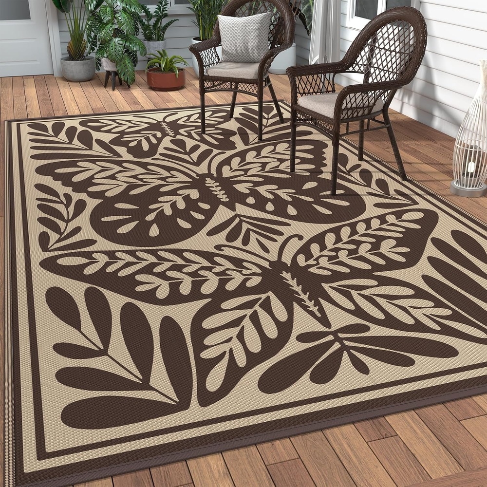 image:imageGENIMO Waterproof Outdoor Rug 5 x 8 for Patio Decor Reversible Plastic Straw Area Rugs for Camping Clearance RV Mat Large Outside Carpet for Porch Deck Picni Balcony Garden Black amp BrownKhaki Coffee  Beige