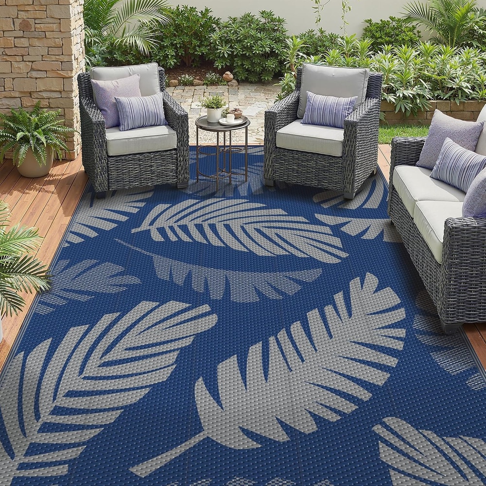 image:imageGENIMO Waterproof Outdoor Rug 5 x 8 for Patio Decor Reversible Plastic Straw Area Rugs for Camping Clearance RV Mat Large Outside Carpet for Porch Deck Picni Balcony Garden Black amp BrownNavy Blue  Bright Grey