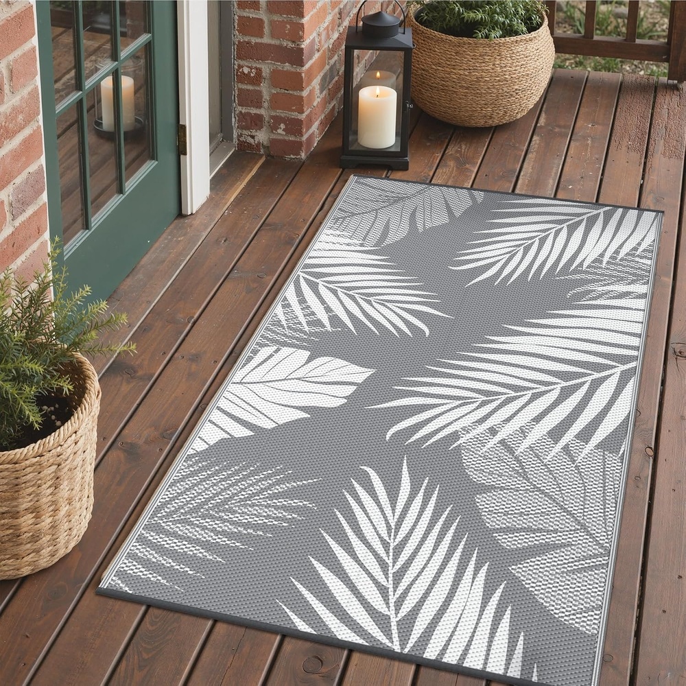 image:imageGENIMO Waterproof Outdoor Rug 5 x 8 for Patio Decor Reversible Plastic Straw Area Rugs for Camping Clearance RV Mat Large Outside Carpet for Porch Deck Picni Balcony Garden Black amp BrownGrey  White