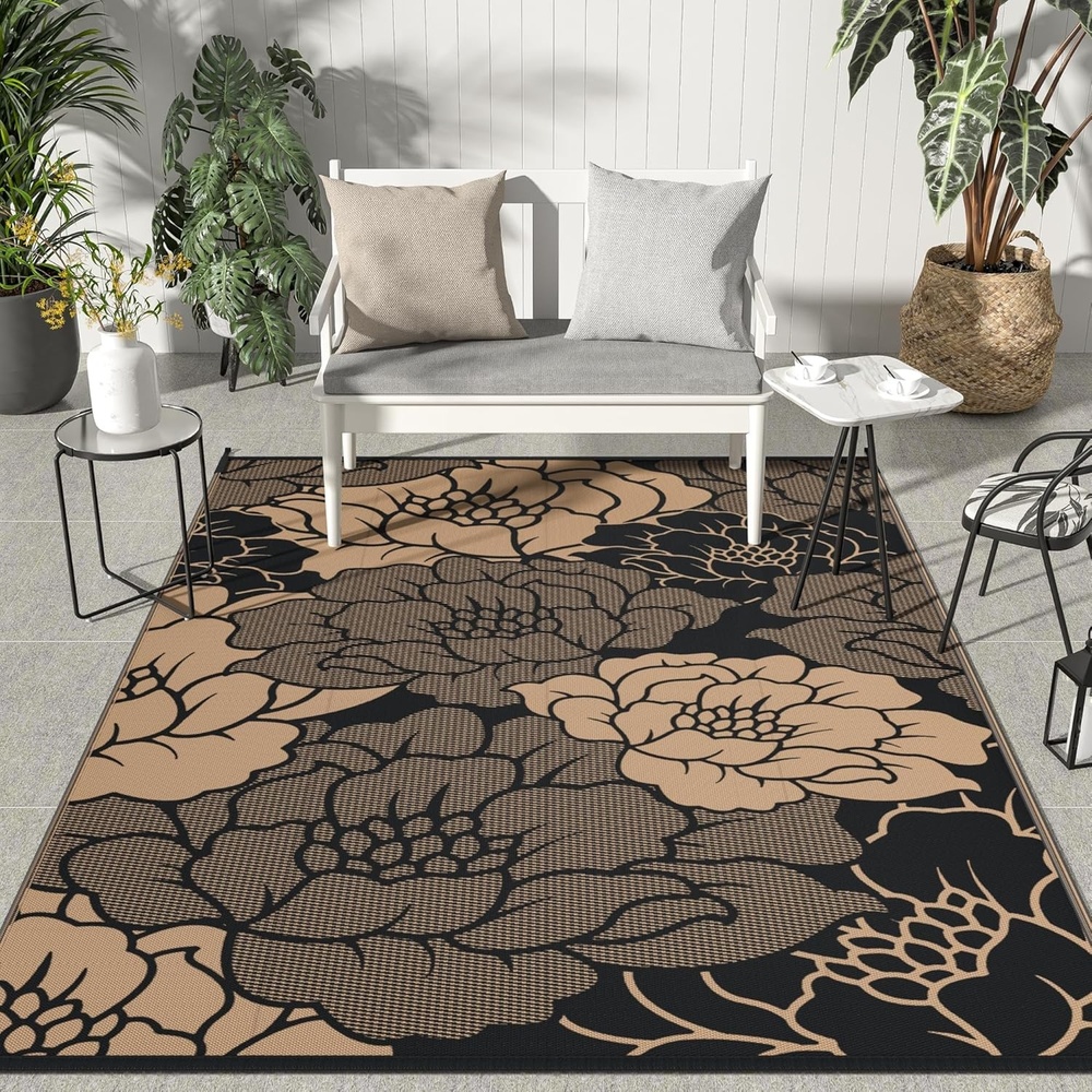 image:imageGENIMO Waterproof Outdoor Rug 5 x 8 for Patio Decor Reversible Plastic Straw Area Rugs for Camping Clearance RV Mat Large Outside Carpet for Porch Deck Picni Balcony Garden Black amp BrownBlack  Brown Beige