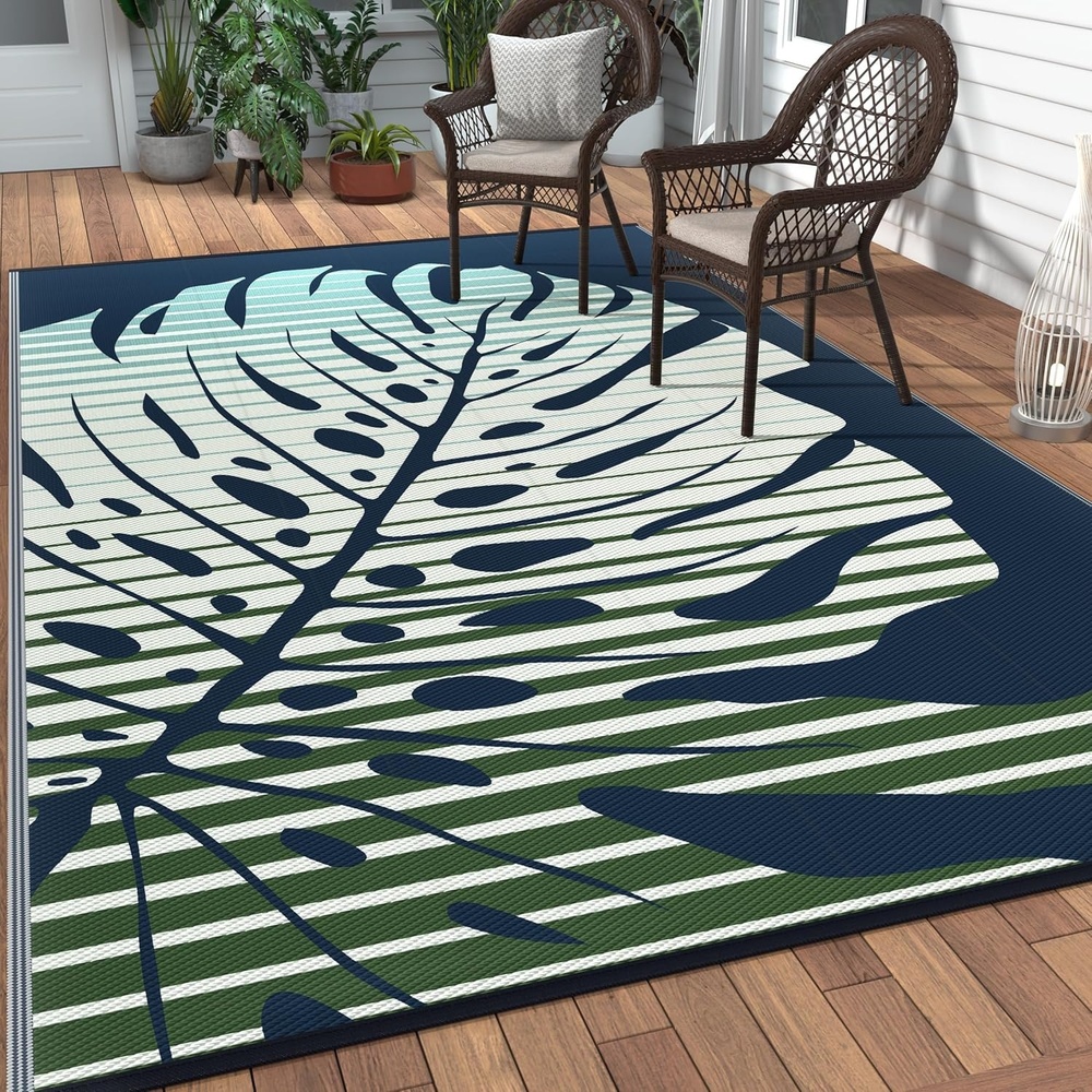image:imageGENIMO Waterproof Outdoor Rug 5 x 8 for Patio Decor Reversible Plastic Straw Area Rugs for Camping Clearance RV Mat Large Outside Carpet for Porch Deck Picni Balcony Garden Black amp BrownBlue  Green