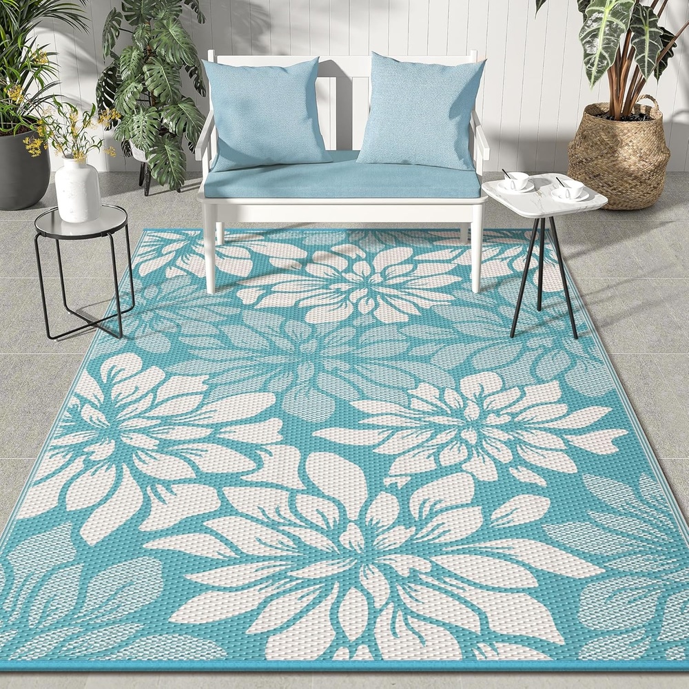 image:imageGENIMO Waterproof Outdoor Rug 5 x 8 for Patio Decor Reversible Plastic Straw Area Rugs for Camping Clearance RV Mat Large Outside Carpet for Porch Deck Picni Balcony Garden Black amp BrownBlue Beige