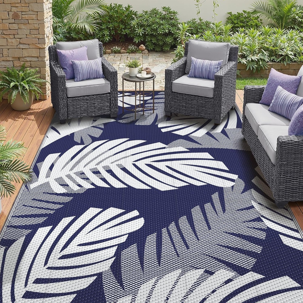 image:imageGENIMO Waterproof Outdoor Rug 5 x 8 for Patio Decor Reversible Plastic Straw Area Rugs for Camping Clearance RV Mat Large Outside Carpet for Porch Deck Picni Balcony Garden Black amp BrownNavy Blue  Off White
