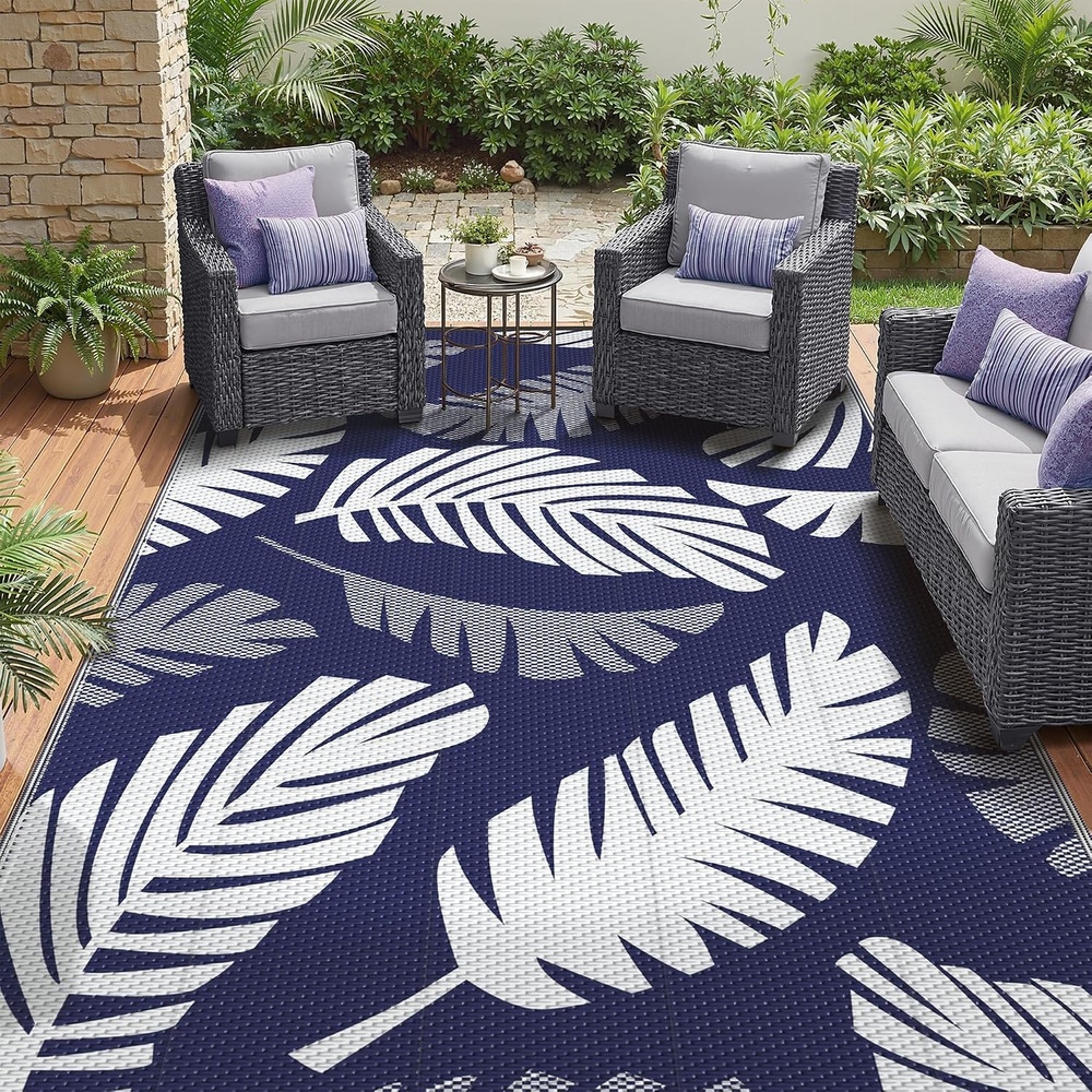 image:imageGENIMO Waterproof Outdoor Rug 5 x 8 for Patio Decor Reversible Plastic Straw Area Rugs for Camping Clearance RV Mat Large Outside Carpet for Porch Deck Picni Balcony Garden Black amp BrownNavy Blue  Light White