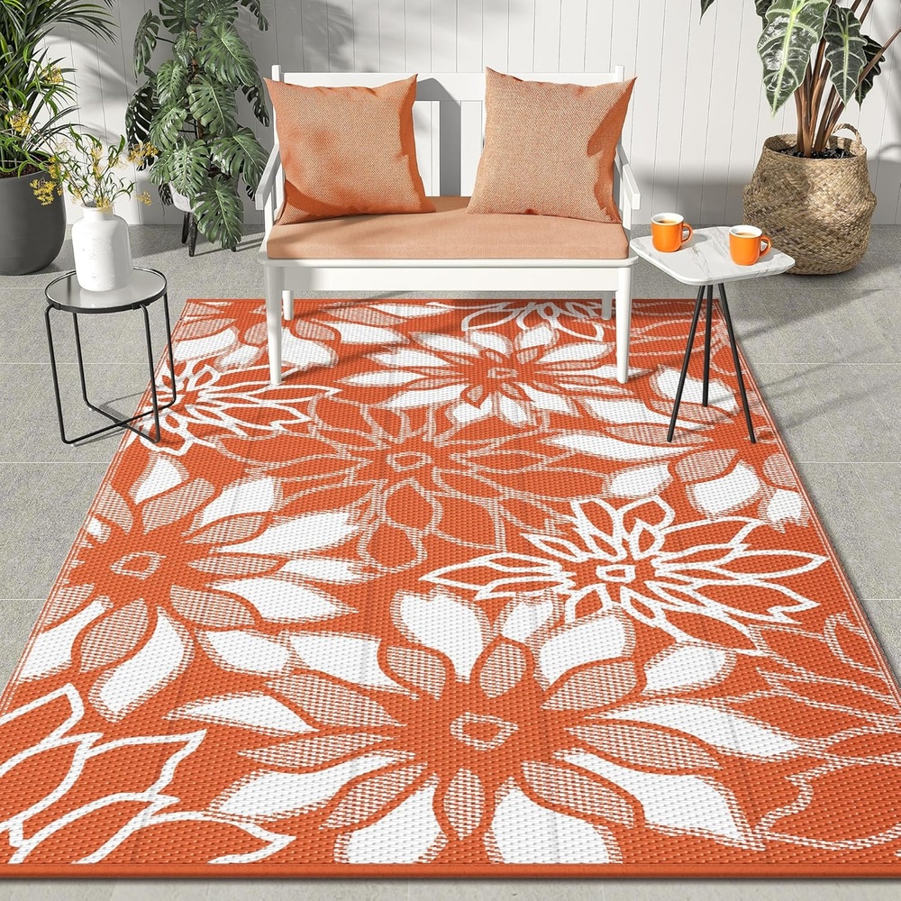 image:imageGENIMO Waterproof Outdoor Rug 5 x 8 for Patio Decor Reversible Plastic Straw Area Rugs for Camping Clearance RV Mat Large Outside Carpet for Porch Deck Picni Balcony Garden Black amp BrownCorange  White