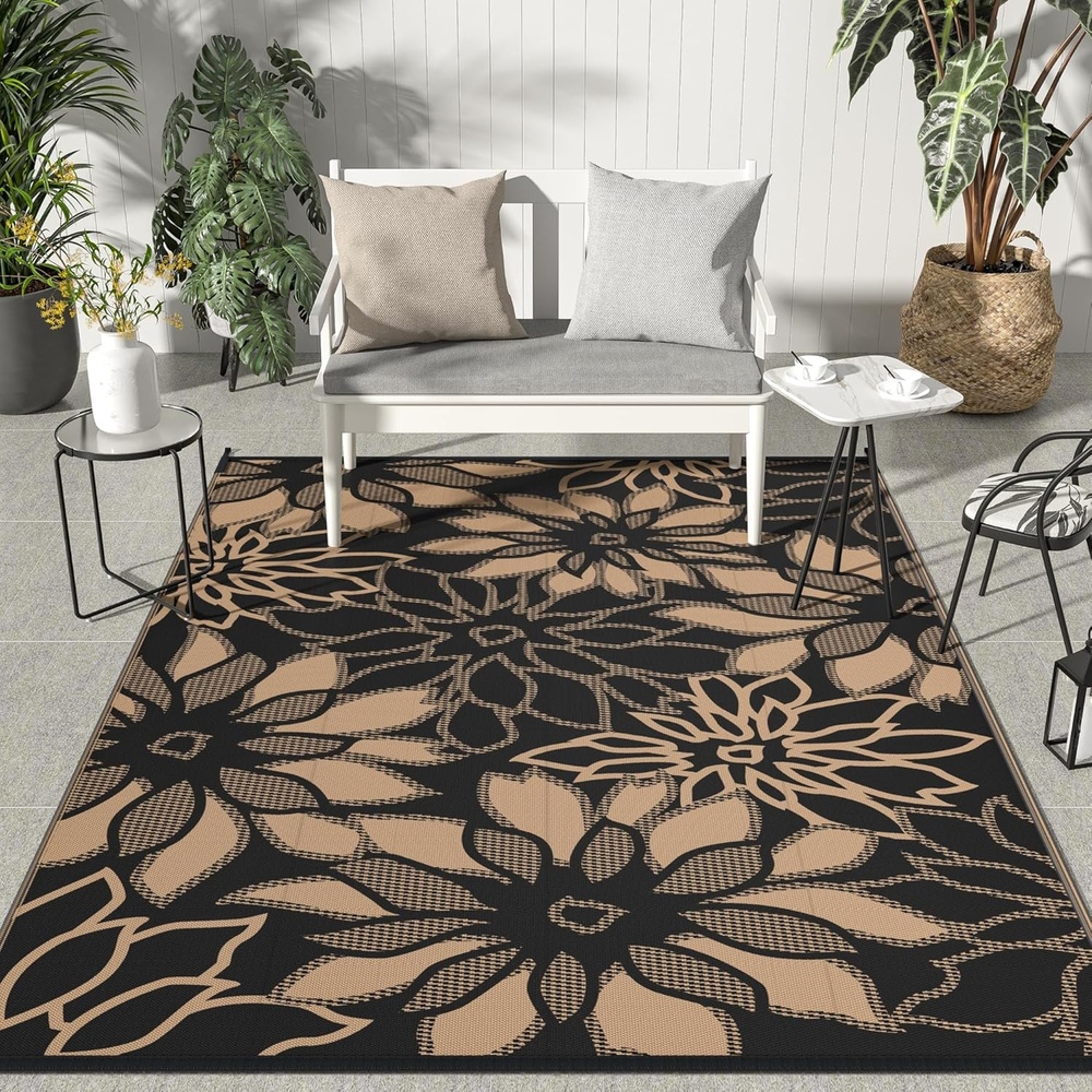 image:imageGENIMO Waterproof Outdoor Rug 5 x 8 for Patio Decor Reversible Plastic Straw Area Rugs for Camping Clearance RV Mat Large Outside Carpet for Porch Deck Picni Balcony Garden Black amp BrownNatural Black Brown