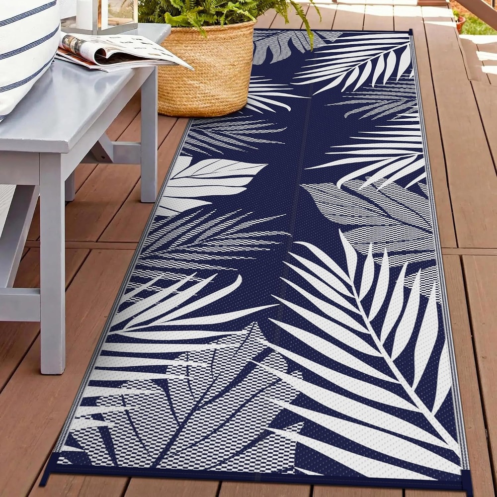 image:imageGENIMO Waterproof Outdoor Rug 5 x 8 for Patio Decor Reversible Plastic Straw Area Rugs for Camping Clearance RV Mat Large Outside Carpet for Porch Deck Picni Balcony Garden Black amp BrownNavyblue White
