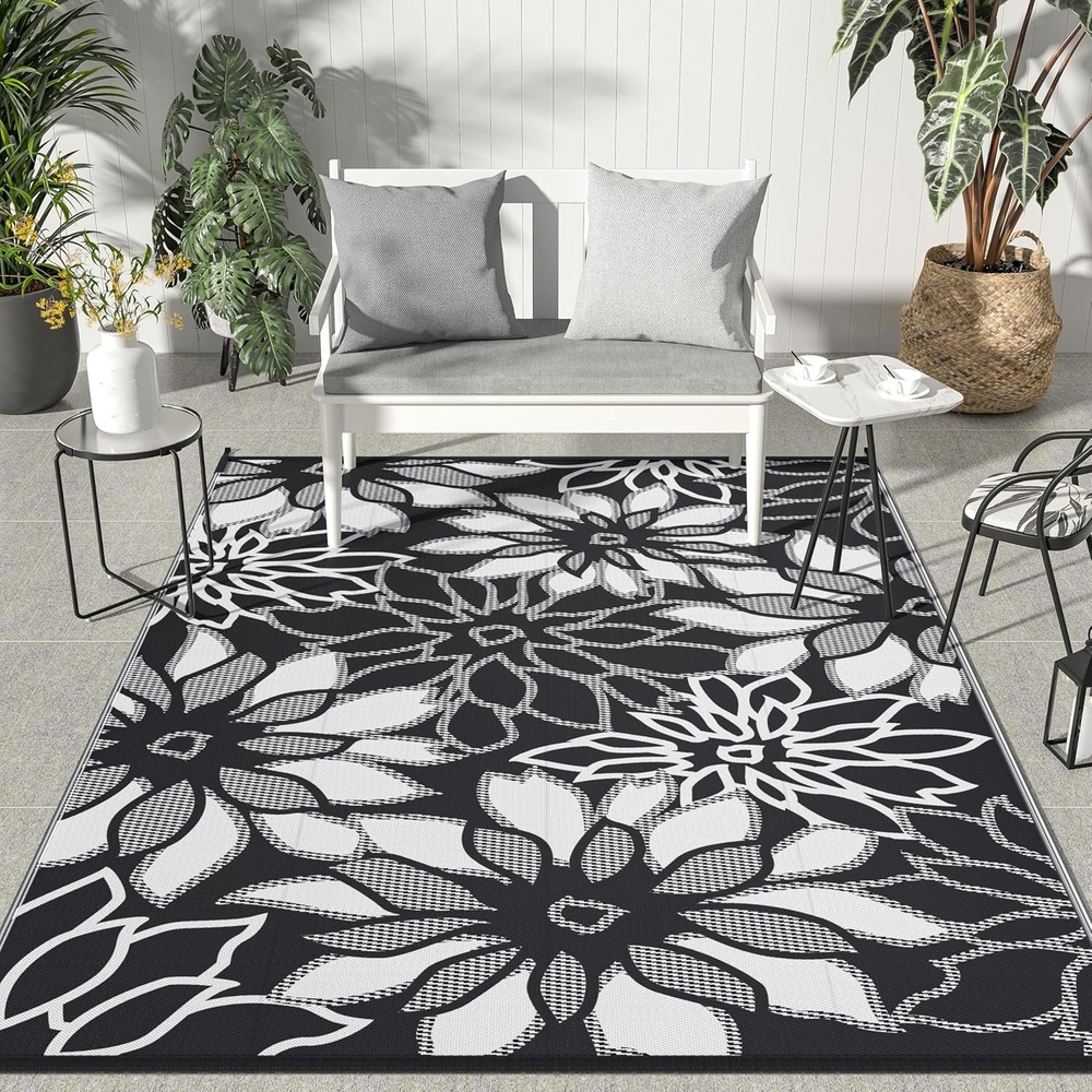 image:imageGENIMO Waterproof Outdoor Rug 5 x 8 for Patio Decor Reversible Plastic Straw Area Rugs for Camping Clearance RV Mat Large Outside Carpet for Porch Deck Picni Balcony Garden Black amp BrownBlack White