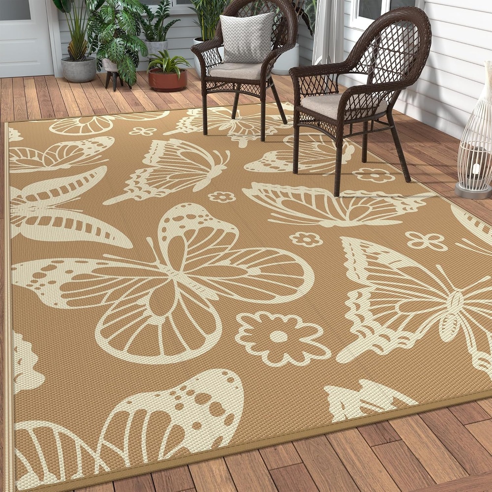 image:imageGENIMO Waterproof Outdoor Rug 5 x 8 for Patio Decor Reversible Plastic Straw Area Rugs for Camping Clearance RV Mat Large Outside Carpet for Porch Deck Picni Balcony Garden Black amp BrownLight Brown Beige