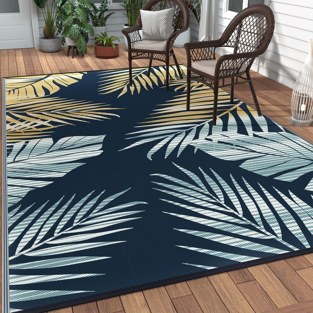 image:imageGENIMO Waterproof Outdoor Rug 5 x 8 for Patio Decor Reversible Plastic Straw Area Rugs for Camping Clearance RV Mat Large Outside Carpet for Porch Deck Picni Balcony Garden Black amp BrownYellow  Blue