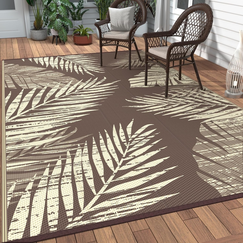 image:imageGENIMO Waterproof Outdoor Rug 5 x 8 for Patio Decor Reversible Plastic Straw Area Rugs for Camping Clearance RV Mat Large Outside Carpet for Porch Deck Picni Balcony Garden Black amp BrownMottled Coffee Beige