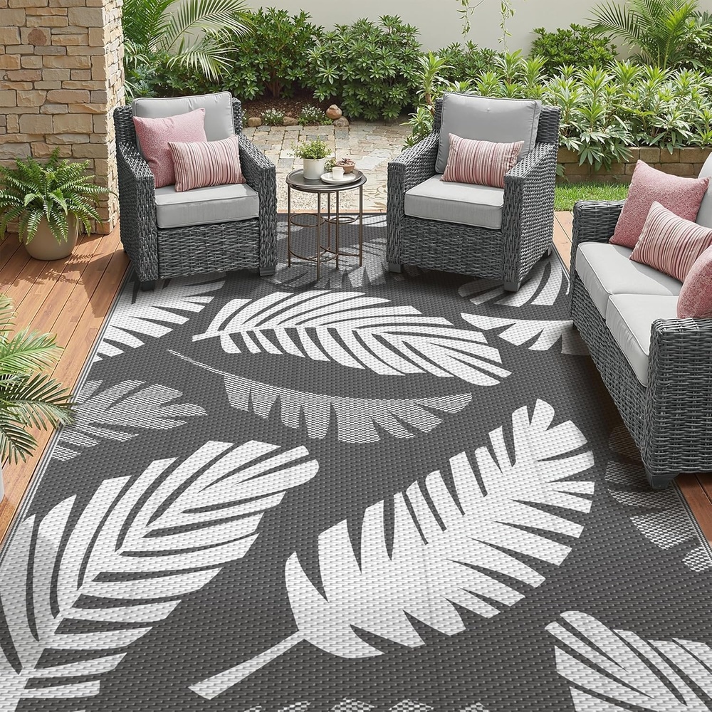 image:imageGENIMO Waterproof Outdoor Rug 5 x 8 for Patio Decor Reversible Plastic Straw Area Rugs for Camping Clearance RV Mat Large Outside Carpet for Porch Deck Picni Balcony Garden Black amp BrownLight Grey  Light White