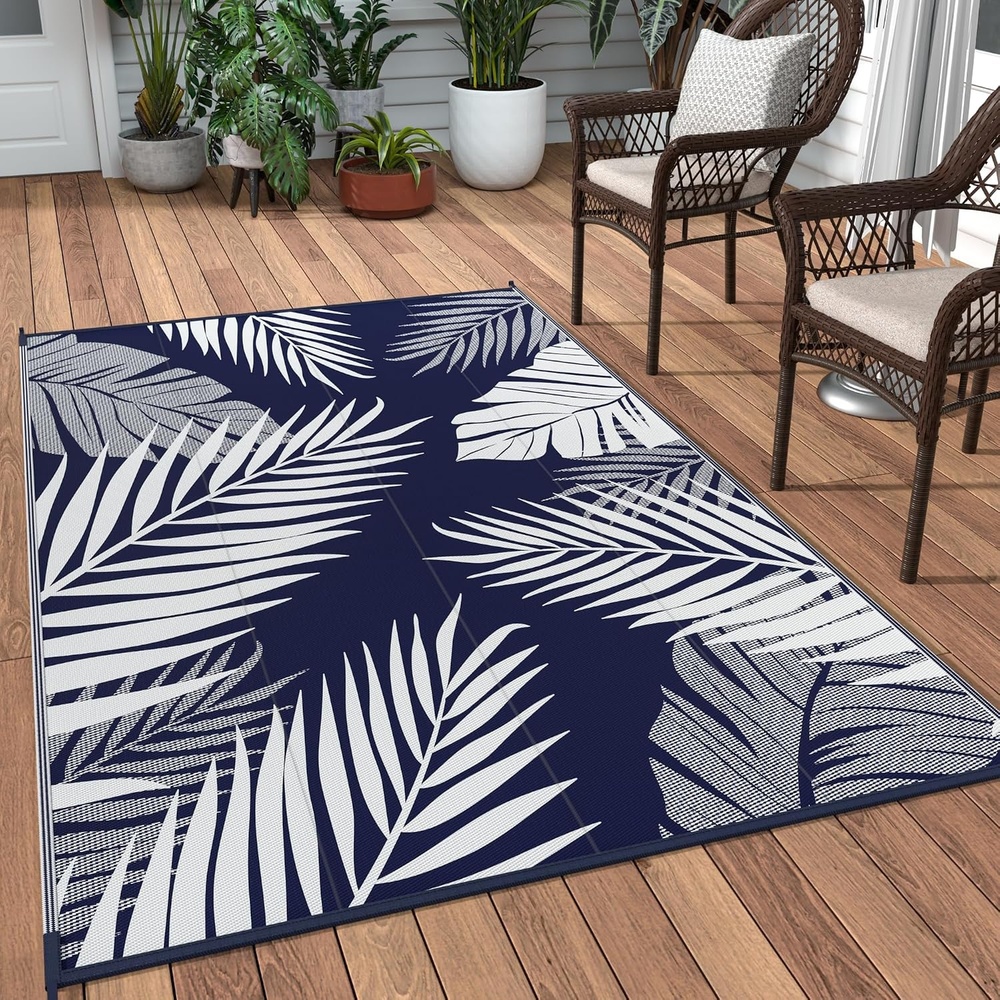 image:imageGENIMO Waterproof Outdoor Rug 5 x 8 for Patio Decor Reversible Plastic Straw Area Rugs for Camping Clearance RV Mat Large Outside Carpet for Porch Deck Picni Balcony Garden Black amp BrownNavy Blue White Waterproof