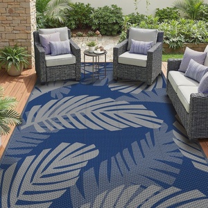 GENIMO Waterproof Outdoor Rug 5′ x 8′ for Patio Decor, Reversible Plastic Straw Area Rugs for Camping Clearance, RV Mat, Large Outside Carpet for Porch, Deck, Picni, Balcony, Garden, Black & Brown(Navy Blue & Light Grey)