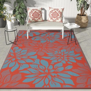 GENIMO Waterproof Outdoor Rug 5′ x 8′ for Patio Decor, Reversible Plastic Straw Area Rugs for Camping Clearance, RV Mat, Large Outside Carpet for Porch, Deck, Picni, Balcony, Garden, Black & Brown(Red & Blue)