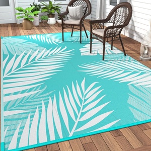 GENIMO Waterproof Outdoor Rug 5′ x 8′ for Patio Decor, Reversible Plastic Straw Area Rugs for Camping Clearance, RV Mat, Large Outside Carpet for Porch, Deck, Picni, Balcony, Garden, Black & Brown(Aqua Blue & White)
