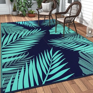 GENIMO Waterproof Outdoor Rug 5′ x 8′ for Patio Decor, Reversible Plastic Straw Area Rugs for Camping Clearance, RV Mat, Large Outside Carpet for Porch, Deck, Picni, Balcony, Garden, Black & Brown(Navy Blue & Jade Green)