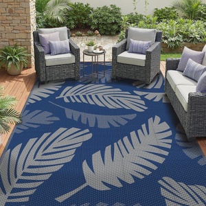 GENIMO Waterproof Outdoor Rug 5′ x 8′ for Patio Decor, Reversible Plastic Straw Area Rugs for Camping Clearance, RV Mat, Large Outside Carpet for Porch, Deck, Picni, Balcony, Garden, Black & Brown(Navy Blue & Bright Grey)