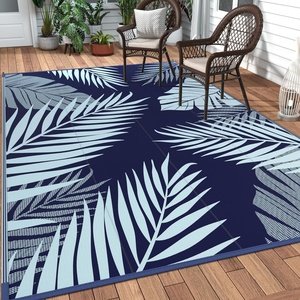 GENIMO Waterproof Outdoor Rug 5′ x 8′ for Patio Decor, Reversible Plastic Straw Area Rugs for Camping Clearance, RV Mat, Large Outside Carpet for Porch, Deck, Picni, Balcony, Garden, Black & Brown(Navy Blue & Baby Blue | Waterproof)
