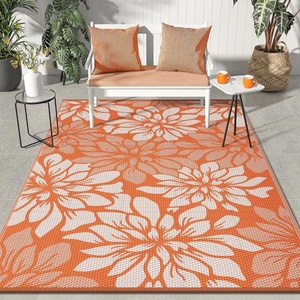 GENIMO Waterproof Outdoor Rug 5′ x 8′ for Patio Decor, Reversible Plastic Straw Area Rugs for Camping Clearance, RV Mat, Large Outside Carpet for Porch, Deck, Picni, Balcony, Garden, Black & Brown(Orange & Beige)