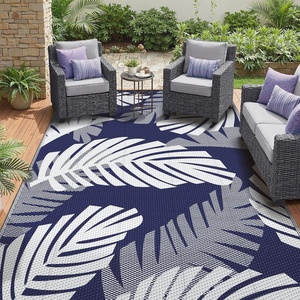 GENIMO Waterproof Outdoor Rug 5′ x 8′ for Patio Decor, Reversible Plastic Straw Area Rugs for Camping Clearance, RV Mat, Large Outside Carpet for Porch, Deck, Picni, Balcony, Garden, Black & Brown(Navy Blue & Off White)