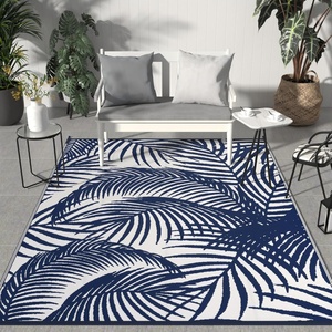 GENIMO Waterproof Outdoor Rug 5′ x 8′ for Patio Decor, Reversible Plastic Straw Area Rugs for Camping Clearance, RV Mat, Large Outside Carpet for Porch, Deck, Picni, Balcony, Garden, Black & Brown(Powder Blue & White)
