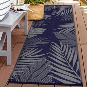 GENIMO Waterproof Outdoor Rug 5′ x 8′ for Patio Decor, Reversible Plastic Straw Area Rugs for Camping Clearance, RV Mat, Large Outside Carpet for Porch, Deck, Picni, Balcony, Garden, Black & Brown(Blue & Grey)