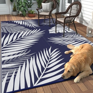 GENIMO Waterproof Outdoor Rug 5′ x 8′ for Patio Decor, Reversible Plastic Straw Area Rugs for Camping Clearance, RV Mat, Large Outside Carpet for Porch, Deck, Picni, Balcony, Garden, Black & Brown(Navy Blue & White)