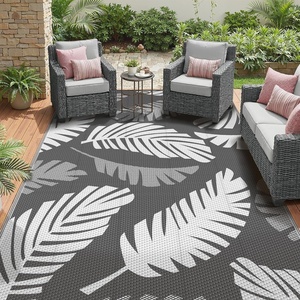 GENIMO Waterproof Outdoor Rug 5′ x 8′ for Patio Decor, Reversible Plastic Straw Area Rugs for Camping Clearance, RV Mat, Large Outside Carpet for Porch, Deck, Picni, Balcony, Garden, Black & Brown(Light Grey & Light White)