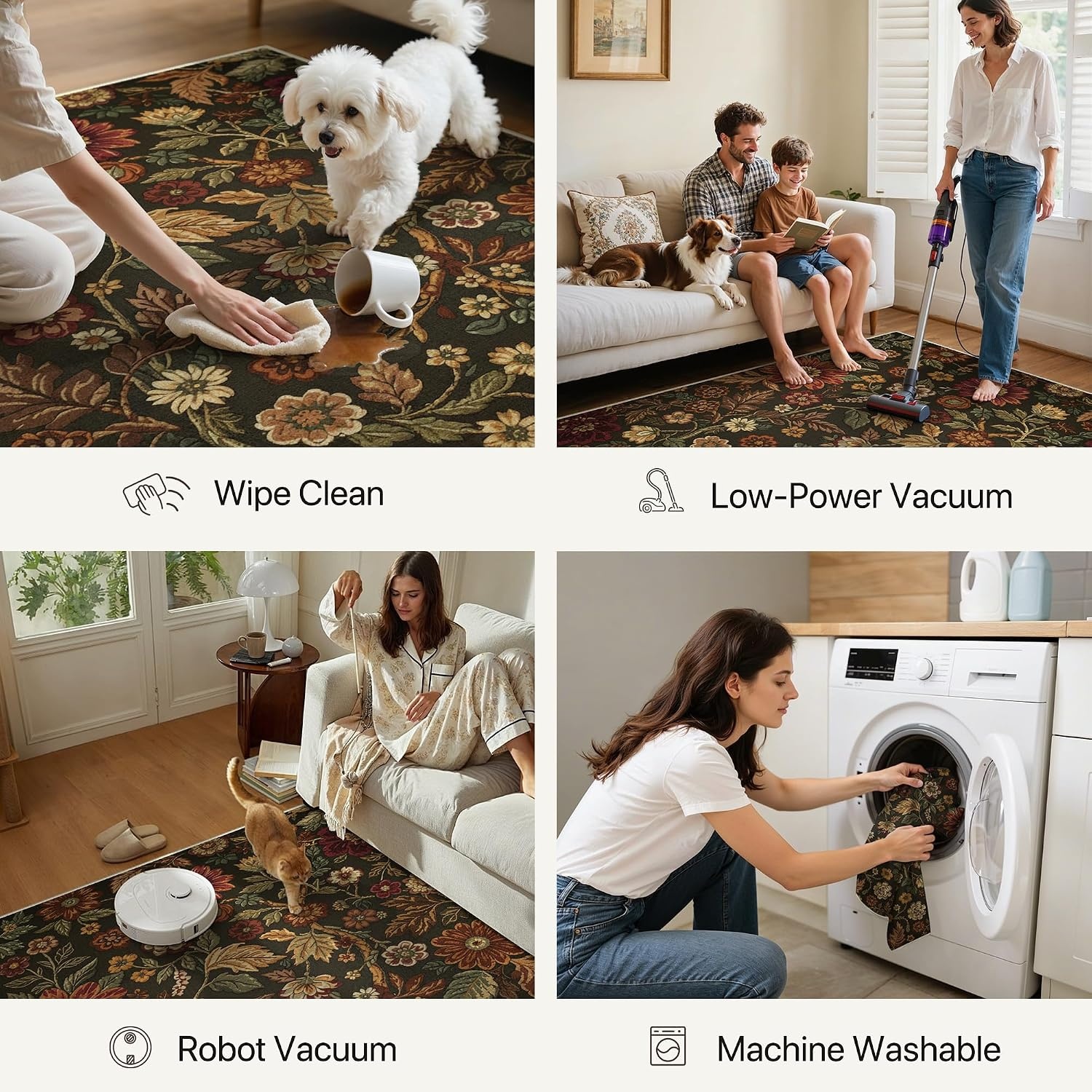 image:imageGENIMO 2x10 Washable Runner Rug Non Slip for Hallway Black Red Gold Vintage Floral Kitchen Runner Stain Resistant Low Pile and Lightweight for Entryway Bedroom Bathroom and Laundry Room