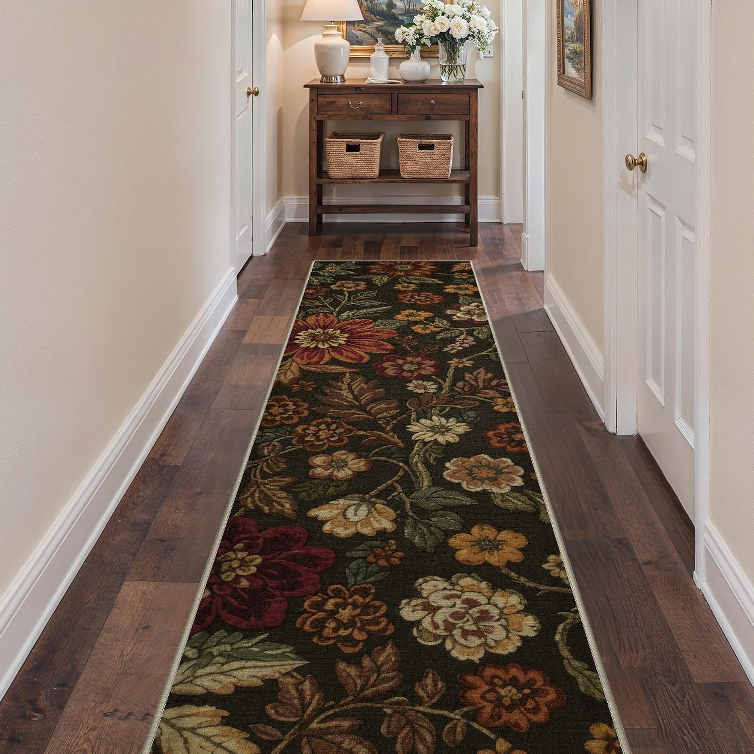 image:imageGENIMO 2x10 Washable Runner Rug Non Slip for Hallway Black Red Gold Vintage Floral Kitchen Runner Stain Resistant Low Pile and Lightweight for Entryway Bedroom Bathroom and Laundry Room