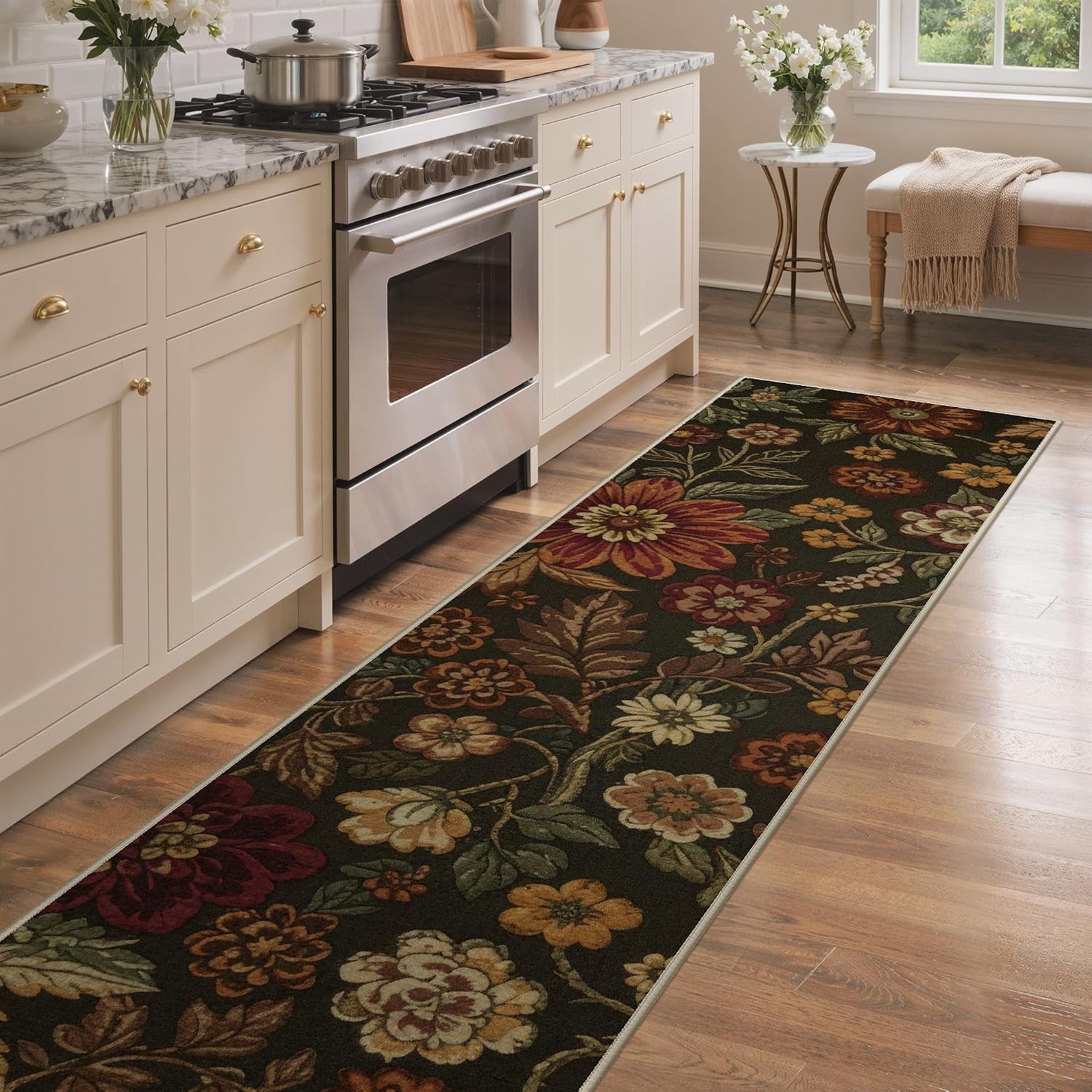 image:imageGENIMO 2x10 Washable Runner Rug Non Slip for Hallway Black Red Gold Vintage Floral Kitchen Runner Stain Resistant Low Pile and Lightweight for Entryway Bedroom Bathroom and Laundry Room